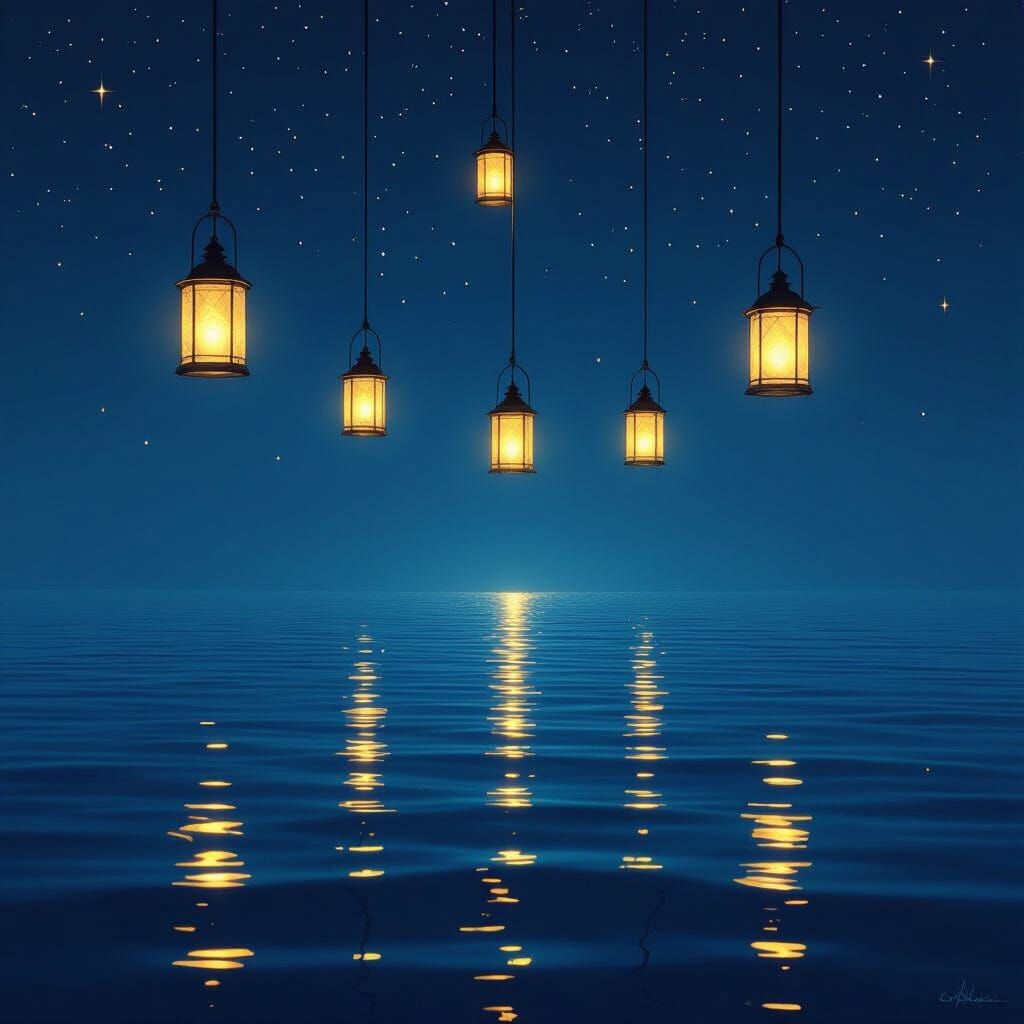 Infinite Ocean Realm with Seven Sky Lanterns