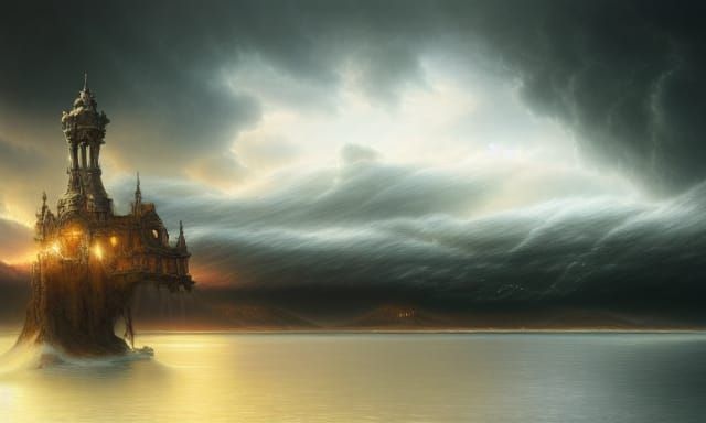 Stormy Lake with Alien Tech in Rococo Airbrush Art