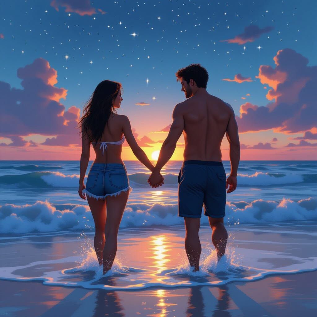 Sunset Beach Couple in Hyperrealistic Digital Art
