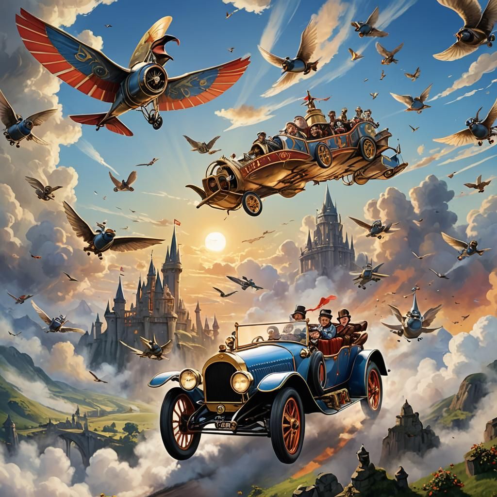 Magical Flying Car Soaring at Sunrise