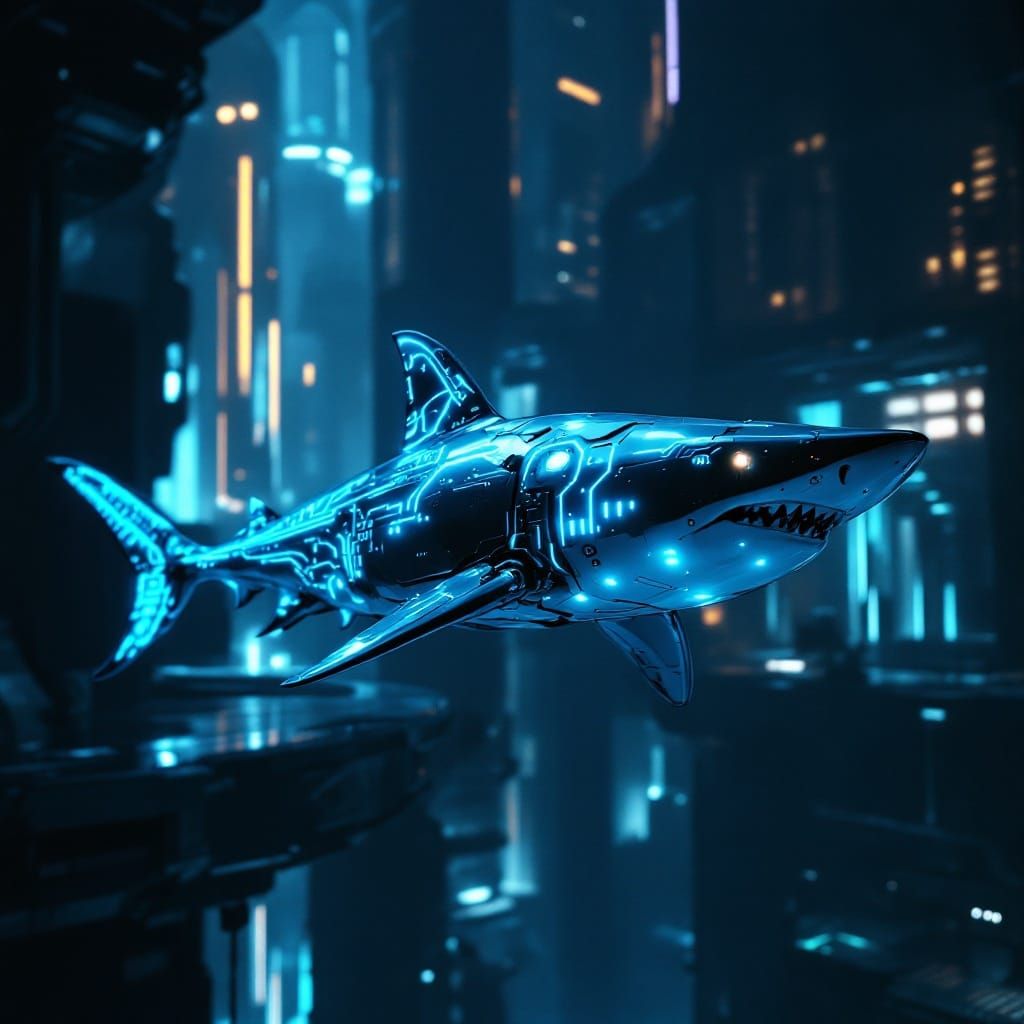 Cybernetic Shark in Futuristic Underwater City