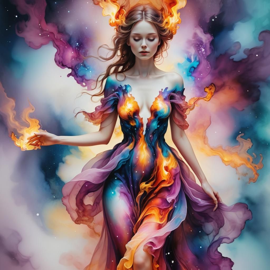 Ethereal Flame Being in Holographic Alcohol Ink Style