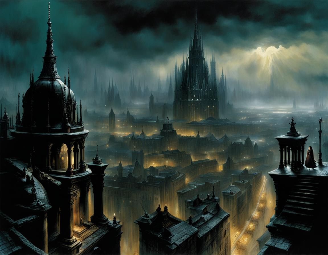 Grimdark Gothic Cityscape in Dark Fantasy Style