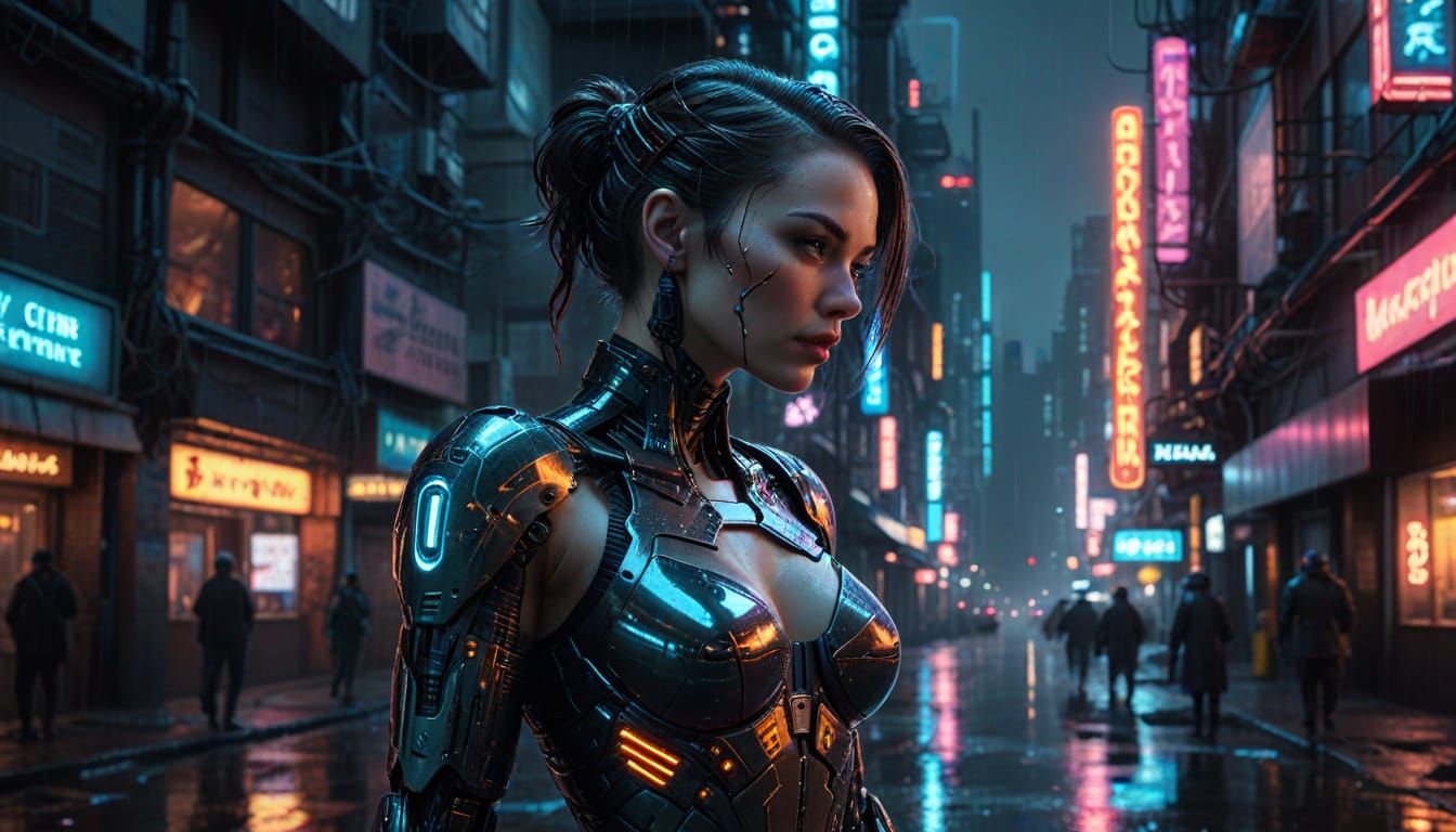 Female Android in Cyberpunk City, Neon Noir Style