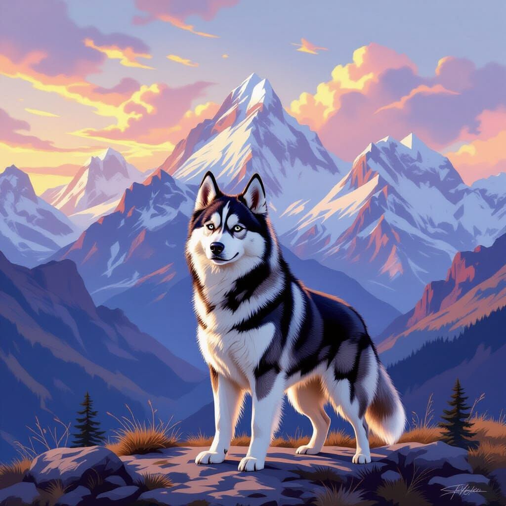 Siberian Husky in Majestic Mountain Vista, Romantic Landscap...