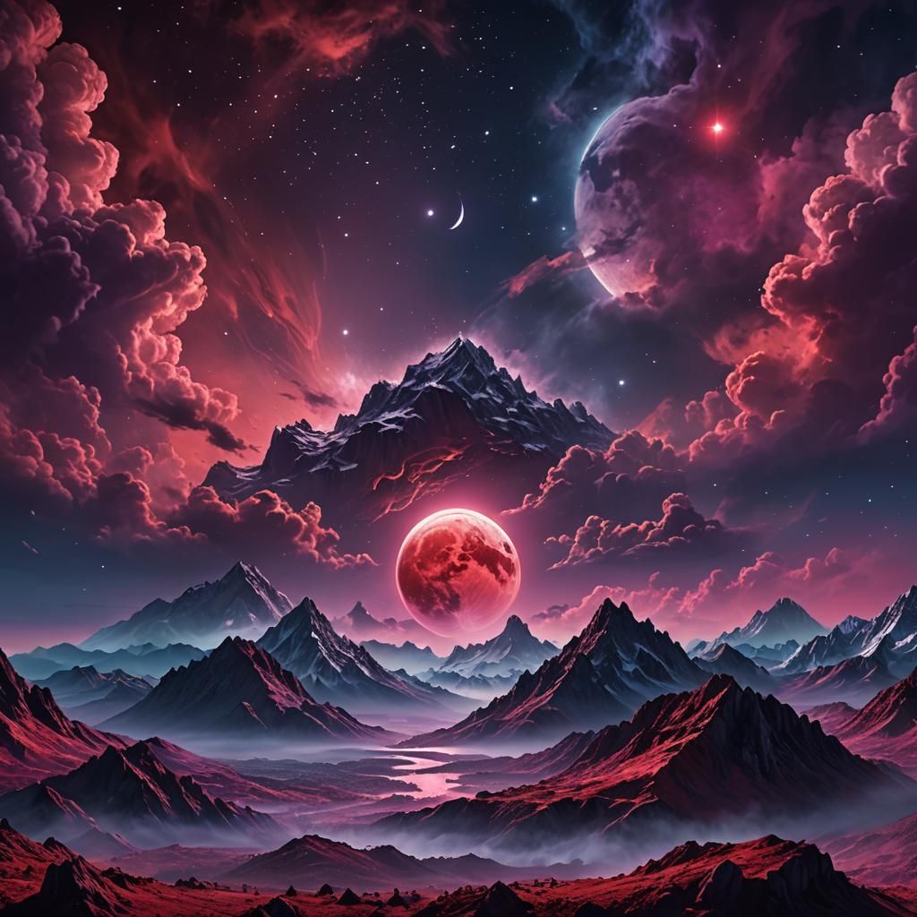 Blood Moon Over Mystical Mountains: Digital Matte Painting