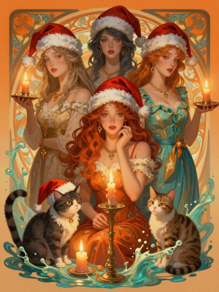 Beautiful Women in Santa Hats with Cats and Candles