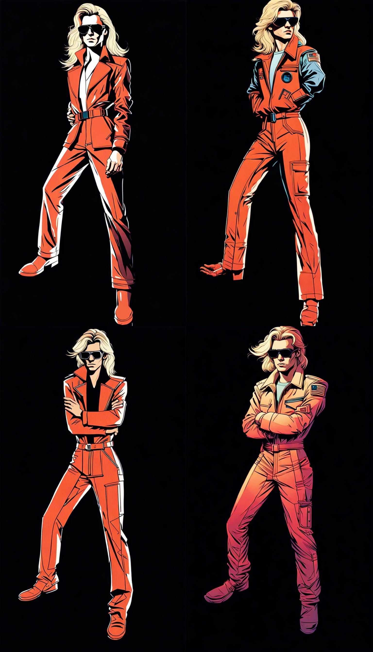 attractive androgynous male space pilot with long blonde hair and 80s aviators with an enigmatic charismatic presence, R...
