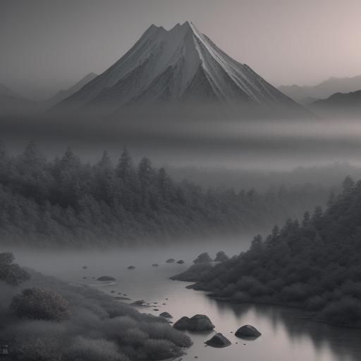 Misty Mountain Range: Japanese Ink Wash Landscape