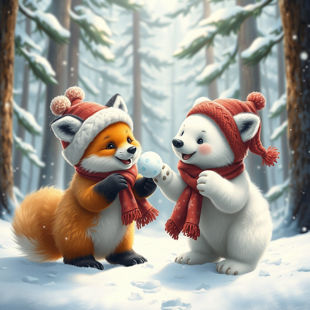 Fox and Polar Bear Cubs Throwing Snowballs
