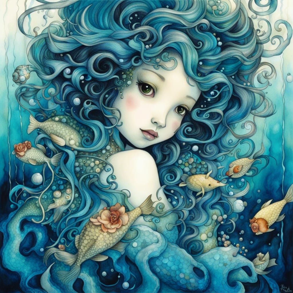 Underwater Rococo Scene in Blue Watercolor