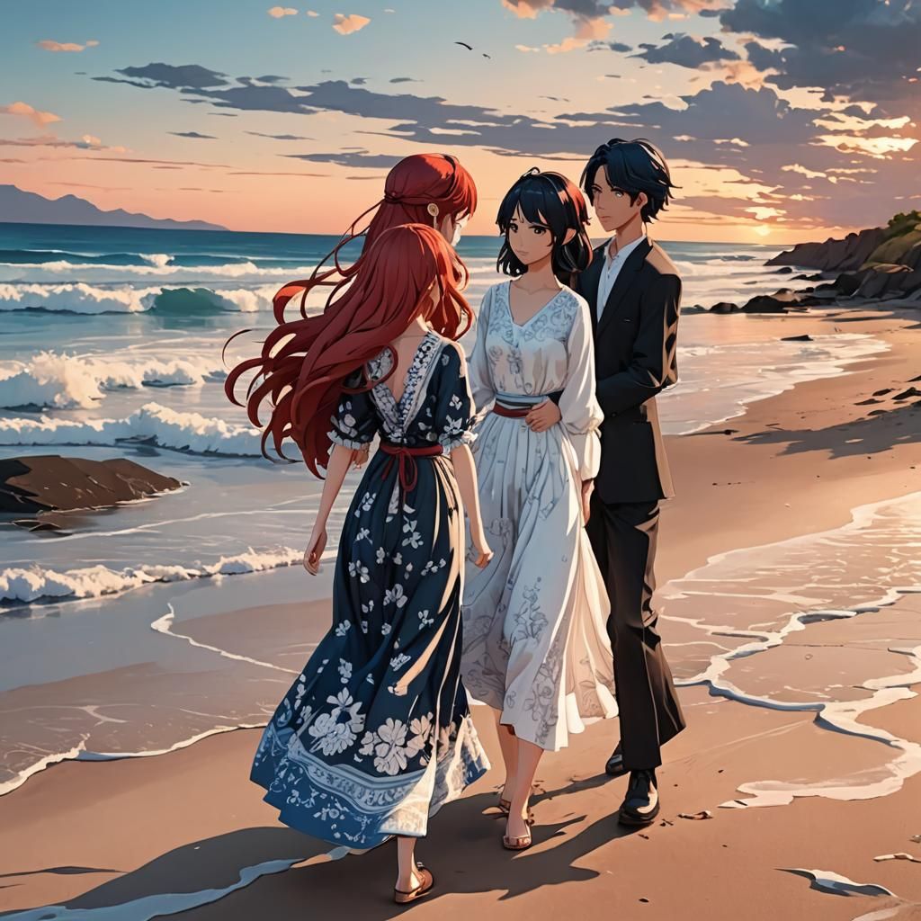 Anime Girl and Boy on Beach in Manga Style