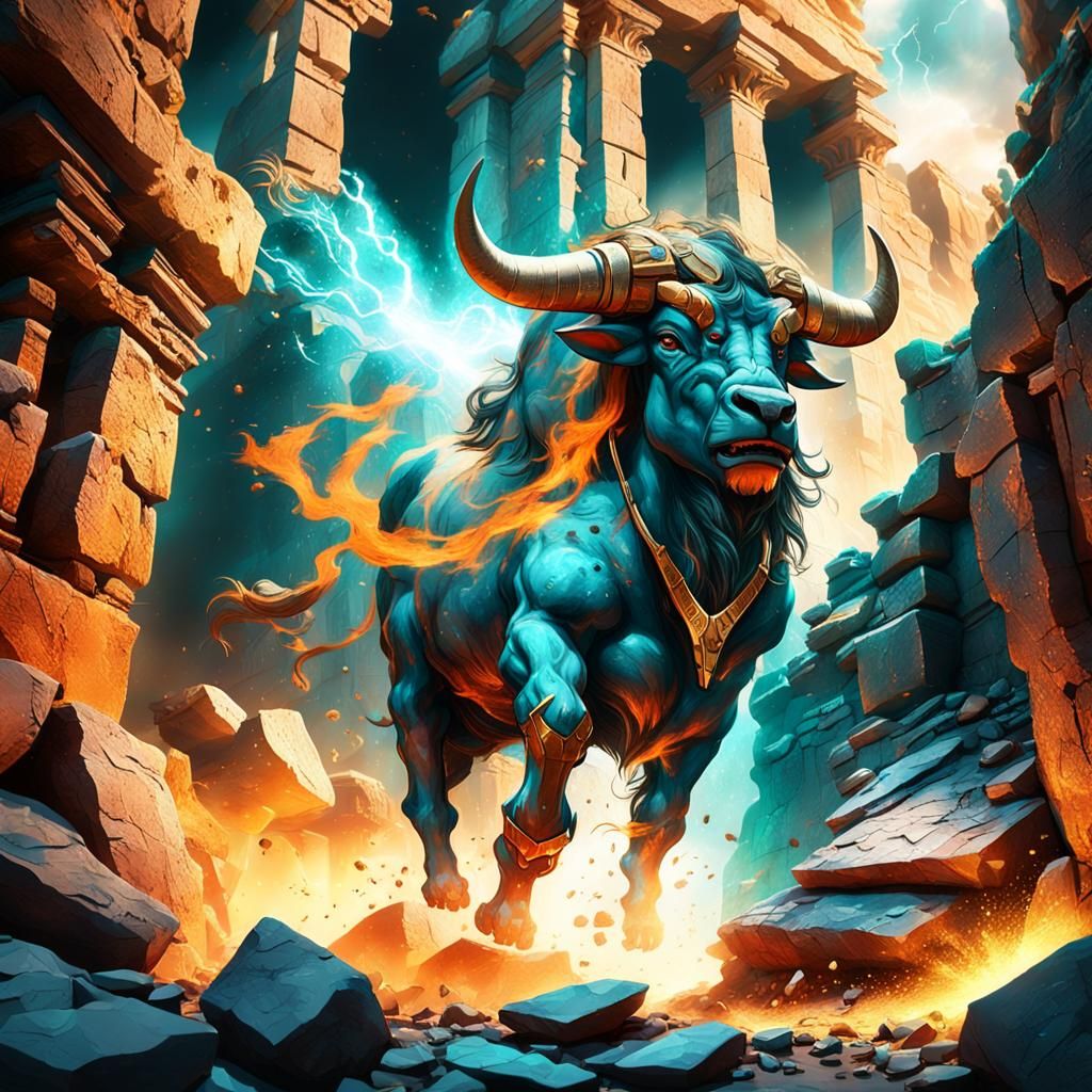 Minotaur Impact: Fantasy Concept Art in Turquoise and Orange