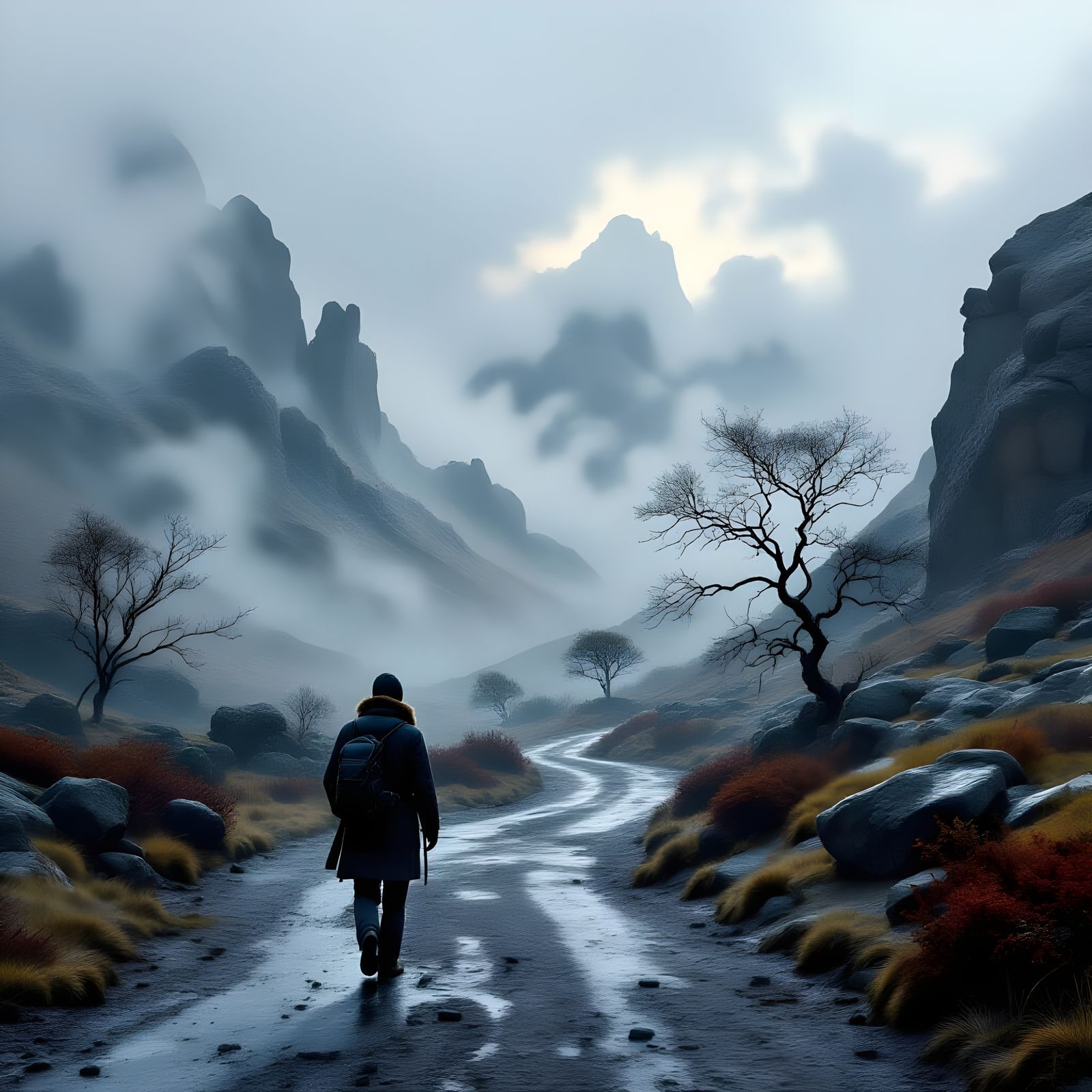 Chilling Autumn Landscape with Rocky Clouds and Wet Leaves