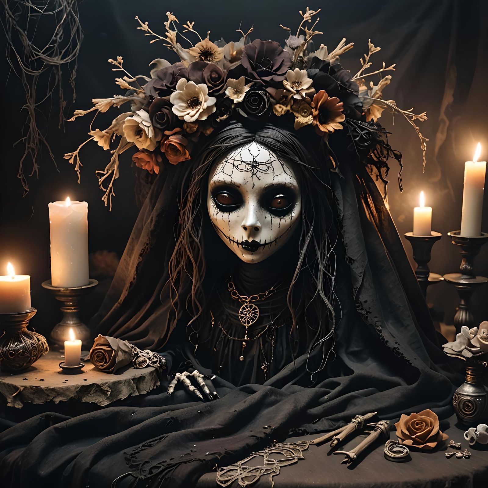 Eerie Voodoo Doll on Witch's Table: Gothic Horror