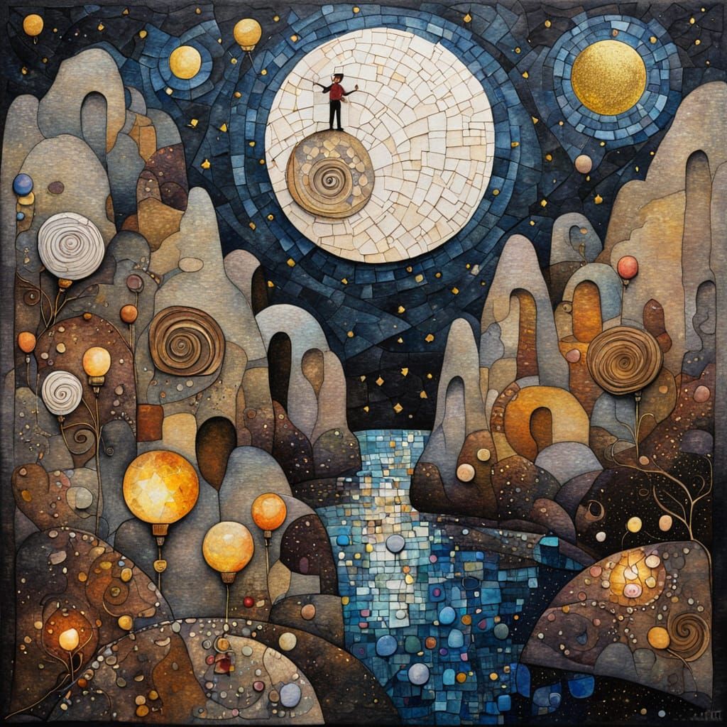 Mouse on Mosaic Cliff with Moon, Semi-Abstract Painting