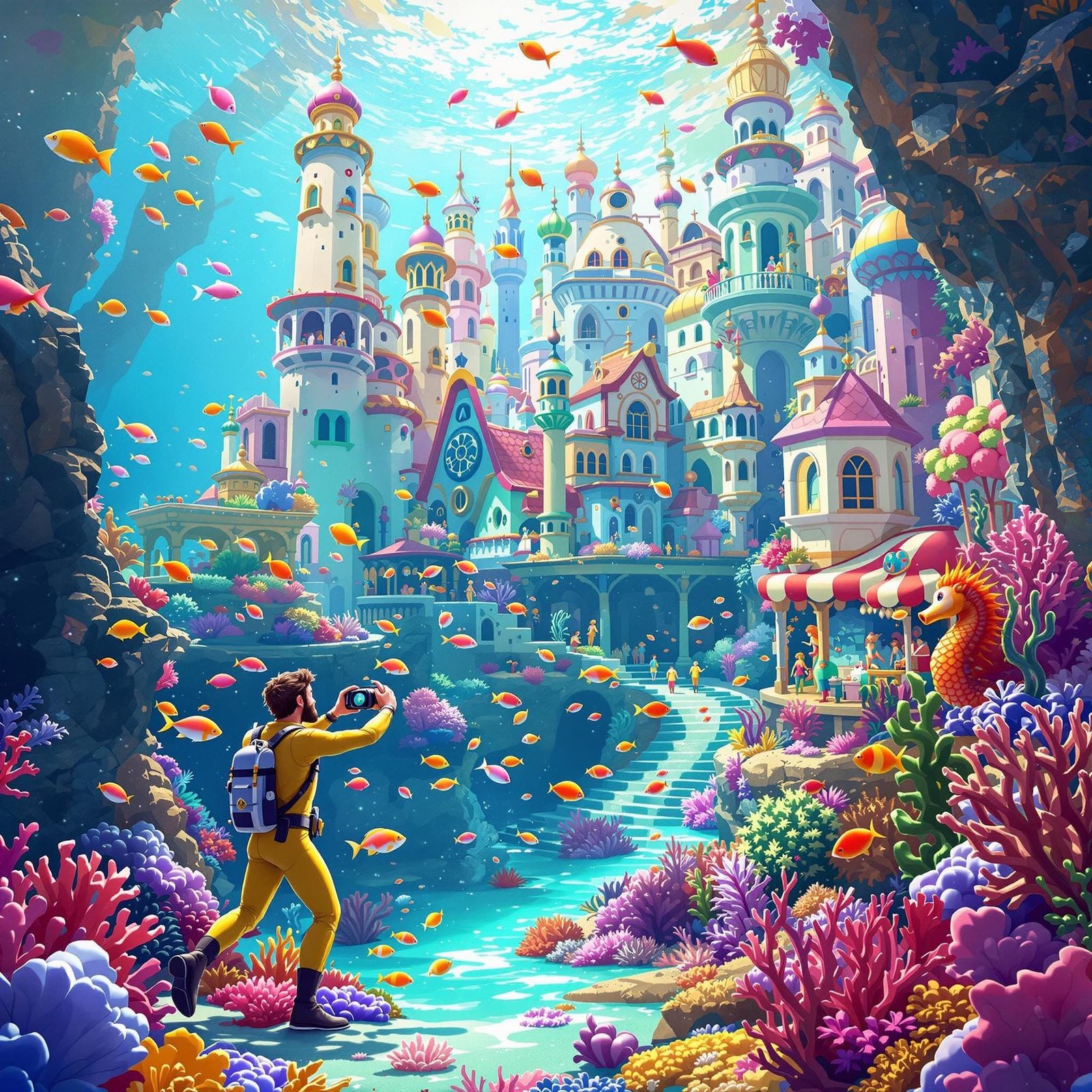 Whimsical Underwater City in Vibrant Art Style