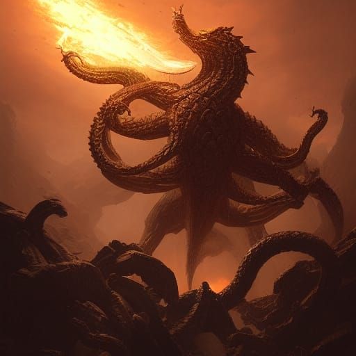 Warrior versus Hydra in Epic Fantasy Battle