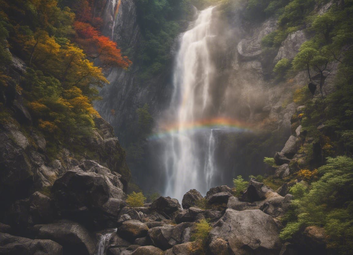 Majestic Waterfall Scene with Rainbow Mist
