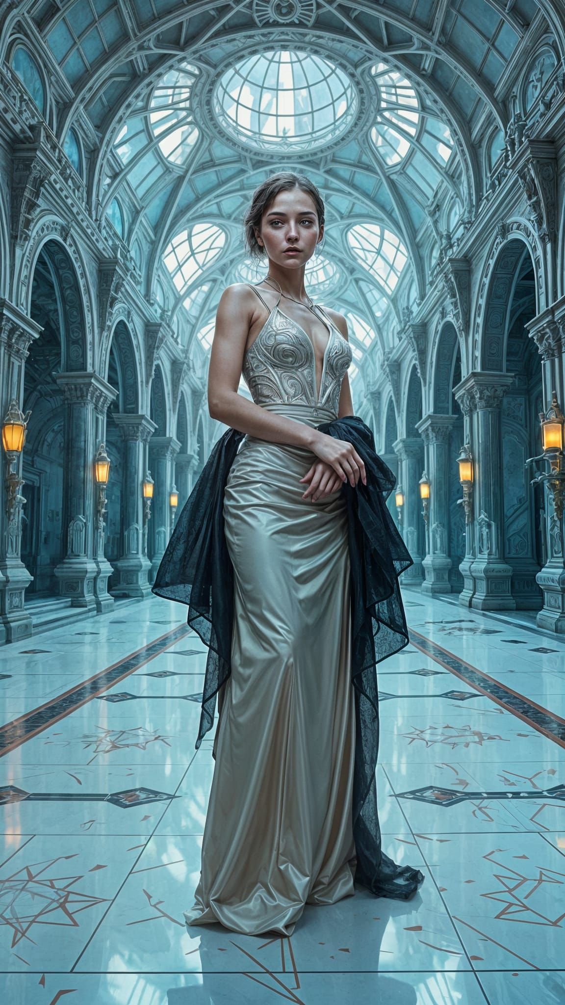 Elegant Futurist Goddess in Dreamlike Metropolis