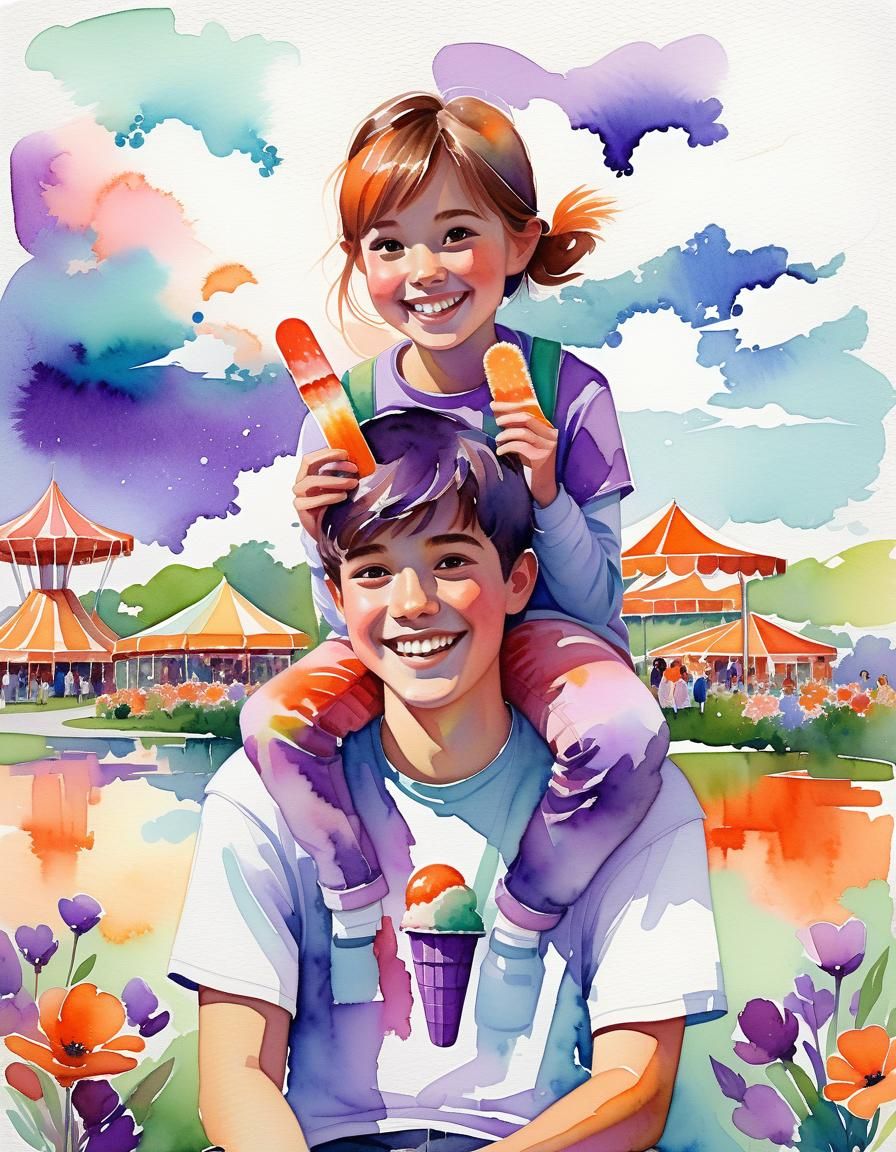 Girl and Boy in Enchanted Watercolor Theme Park