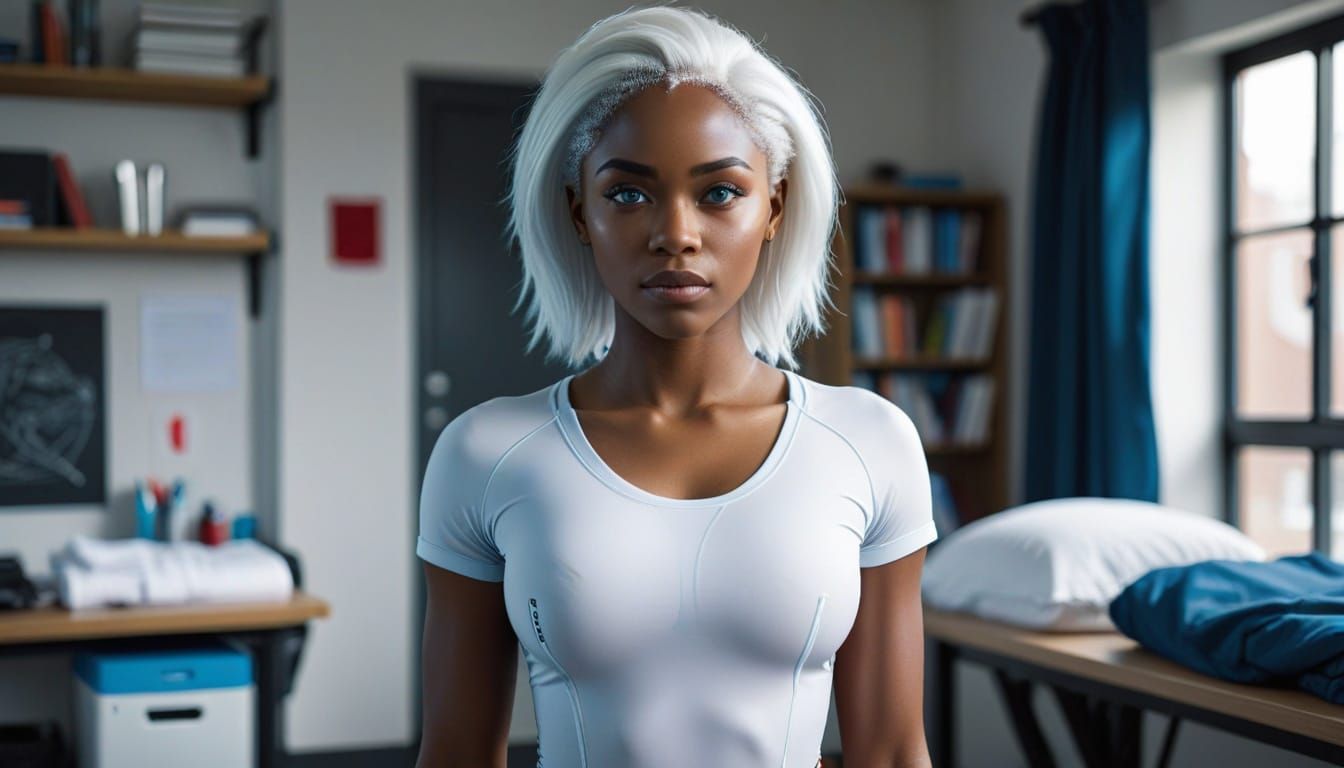 African Woman in Futuristic Dorm with White Hair and Blue Ey...