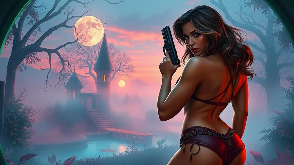 Fantasy Temptress in Retro-Futuristic Twilight Realm