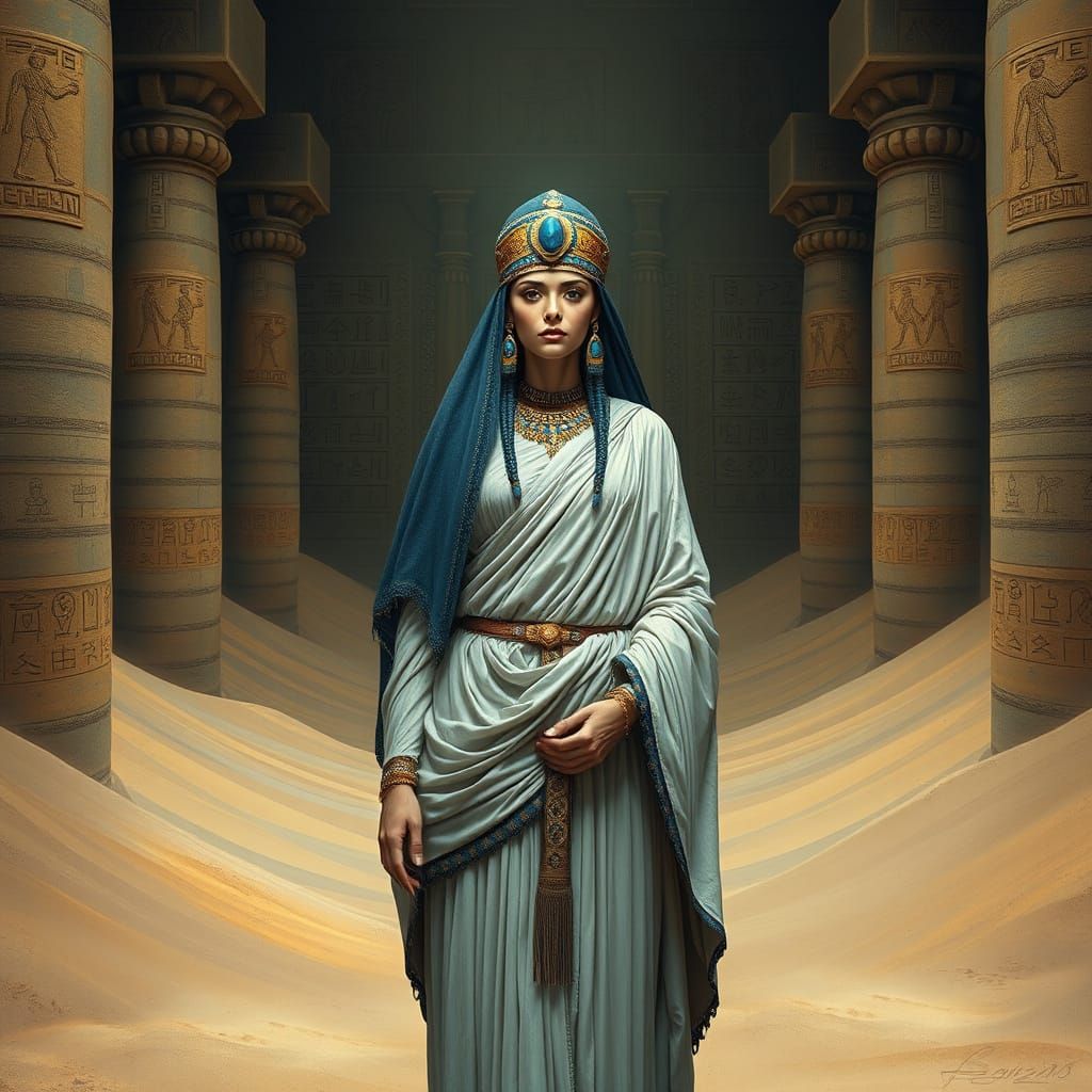 Ancient Sumerian Priestess in Futuristic, Surreal Temple Set...