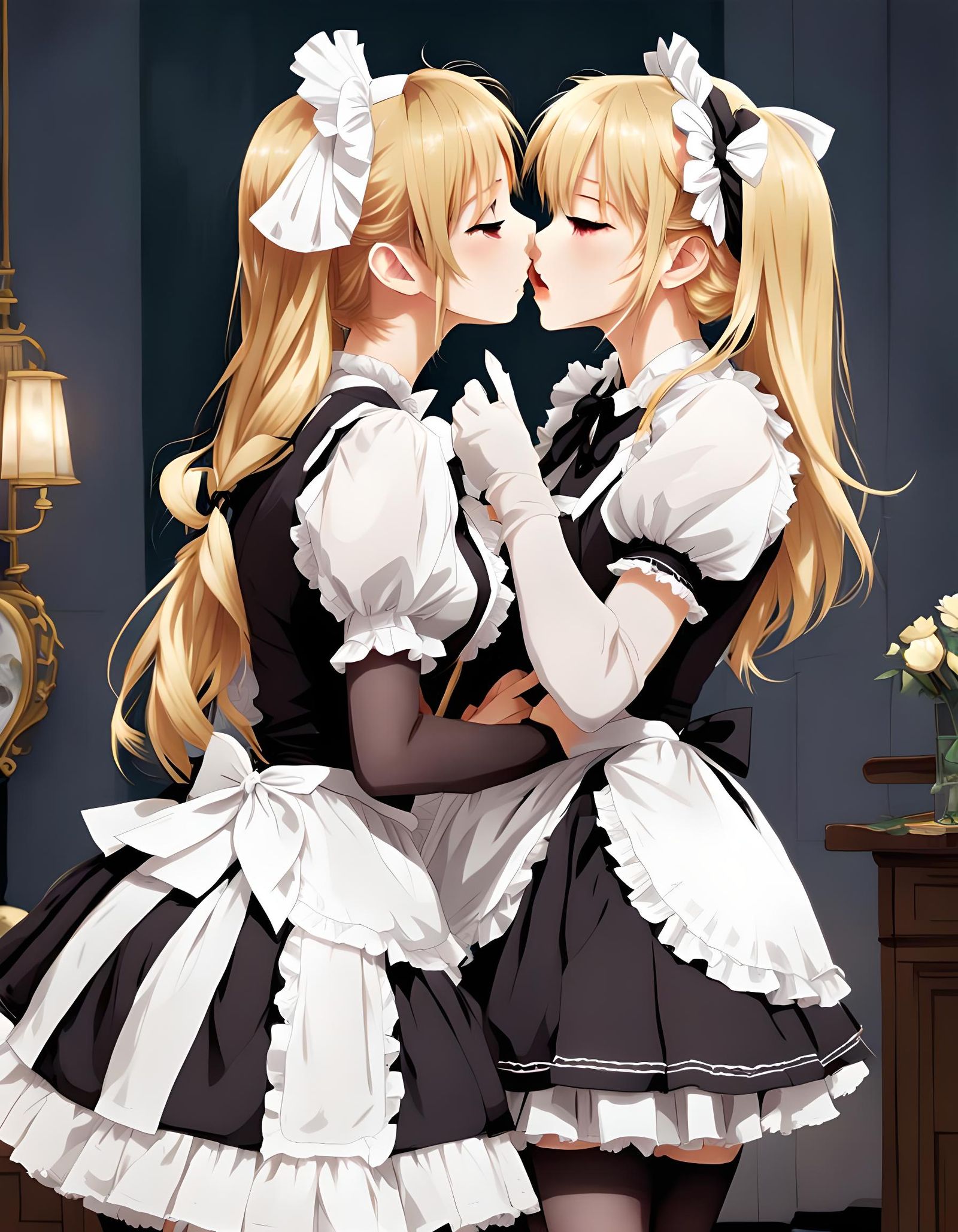 Young Maid in hosiery kissing a Blonde girl