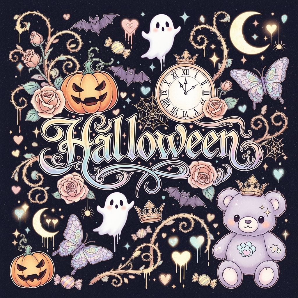 Whimsical Halloween Word Art with Pastel & Gothic Elements