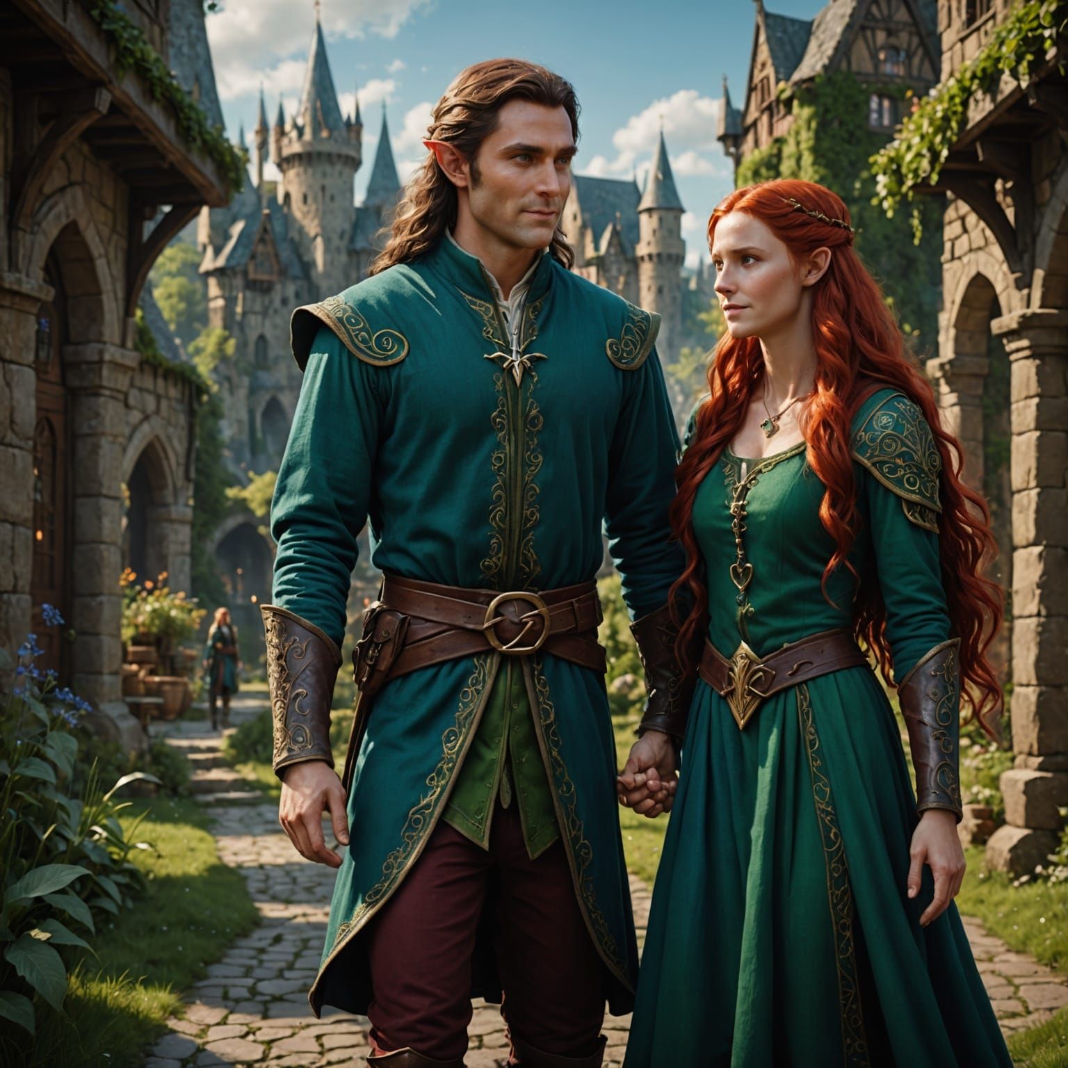 A male elf with very long dark brown hair, blue eyes,wearing green clothing. He is holding hands with a female with very...