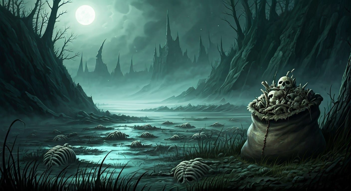Grim Goblin Corpses in a Dark, Misty Marsh Landscape