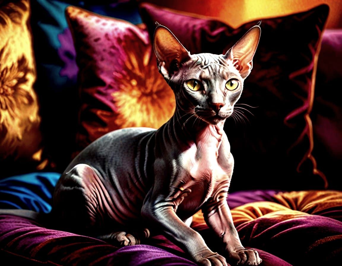 Majestic Sphynx Cat on Velvet Cushion as Fauvist Oil Paintin...