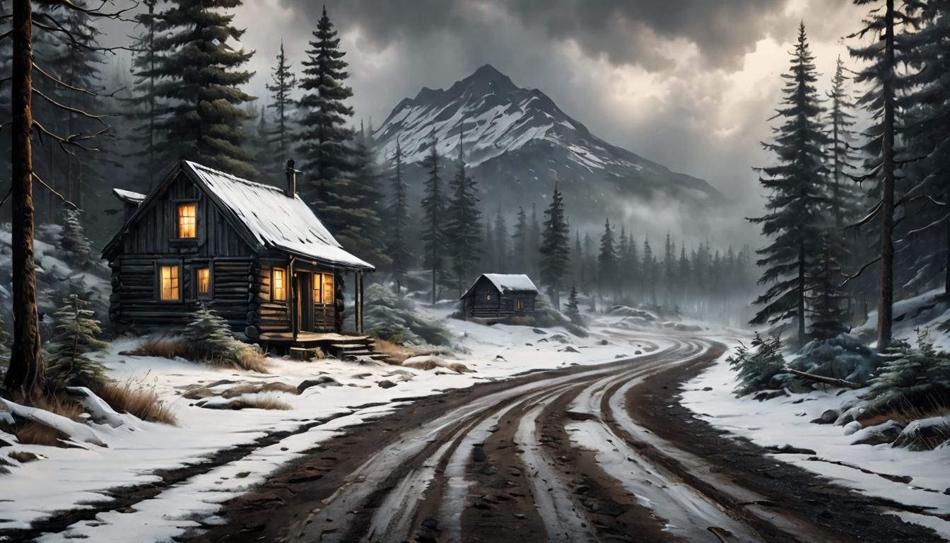Moody Winter Cabin in Evergreen Forest