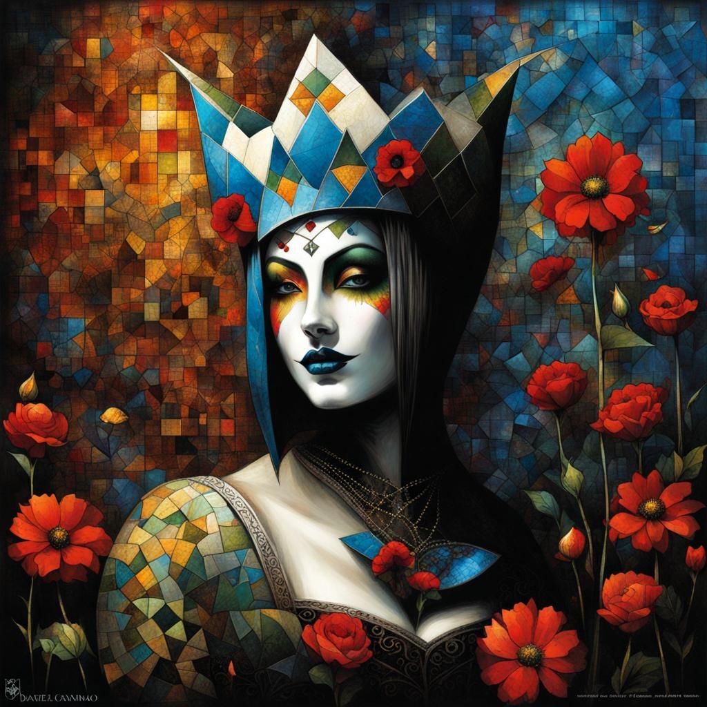 Jester in Mosaic Style with Castle and Flowers