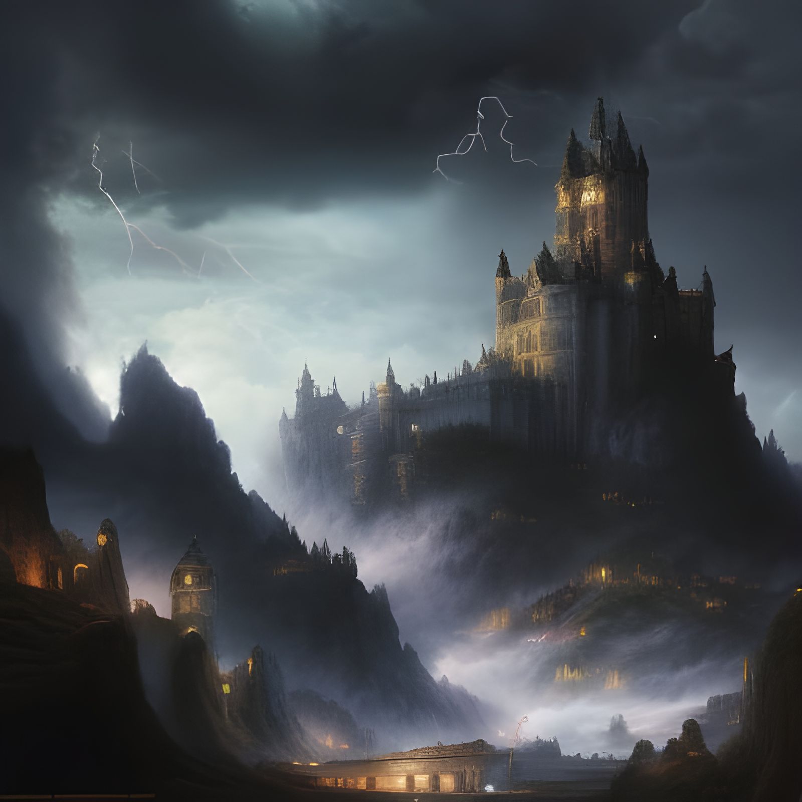 Majestic Medieval Castle on Cliff in Dramatic Digital Painti...