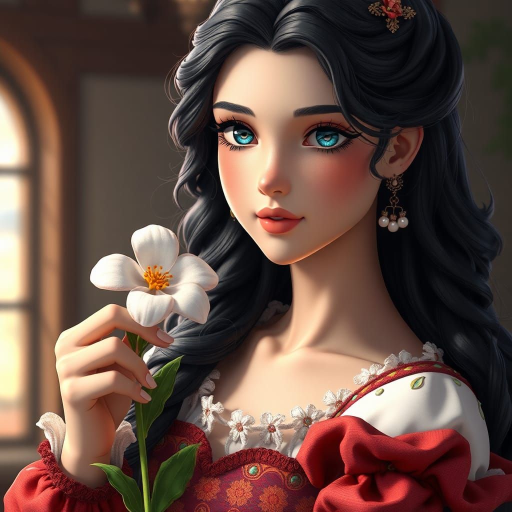 Beautiful Medieval Princess Smelling a Flower in 3D Anime Ar...