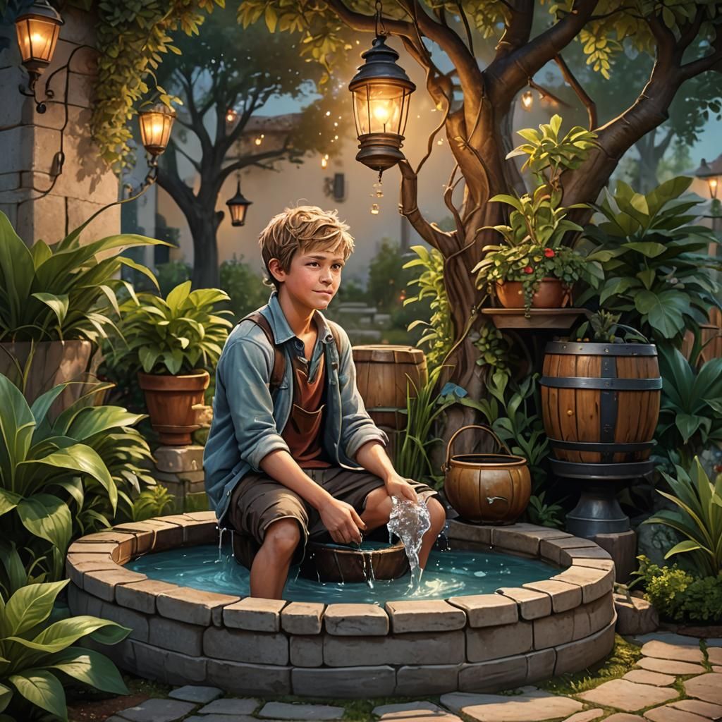 Garden Fountain with Boy: Hyperrealistic Splash Art