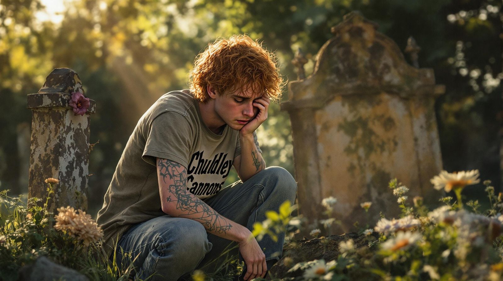 Sorrowful George Weasley Mourns at Grave