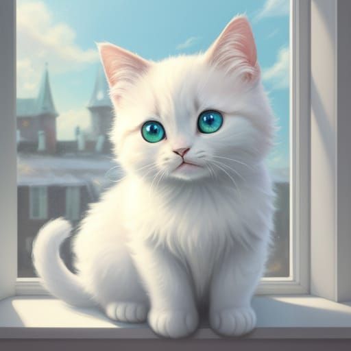 Whimsical Cat Portrait on Windowsill in Pastel Colors