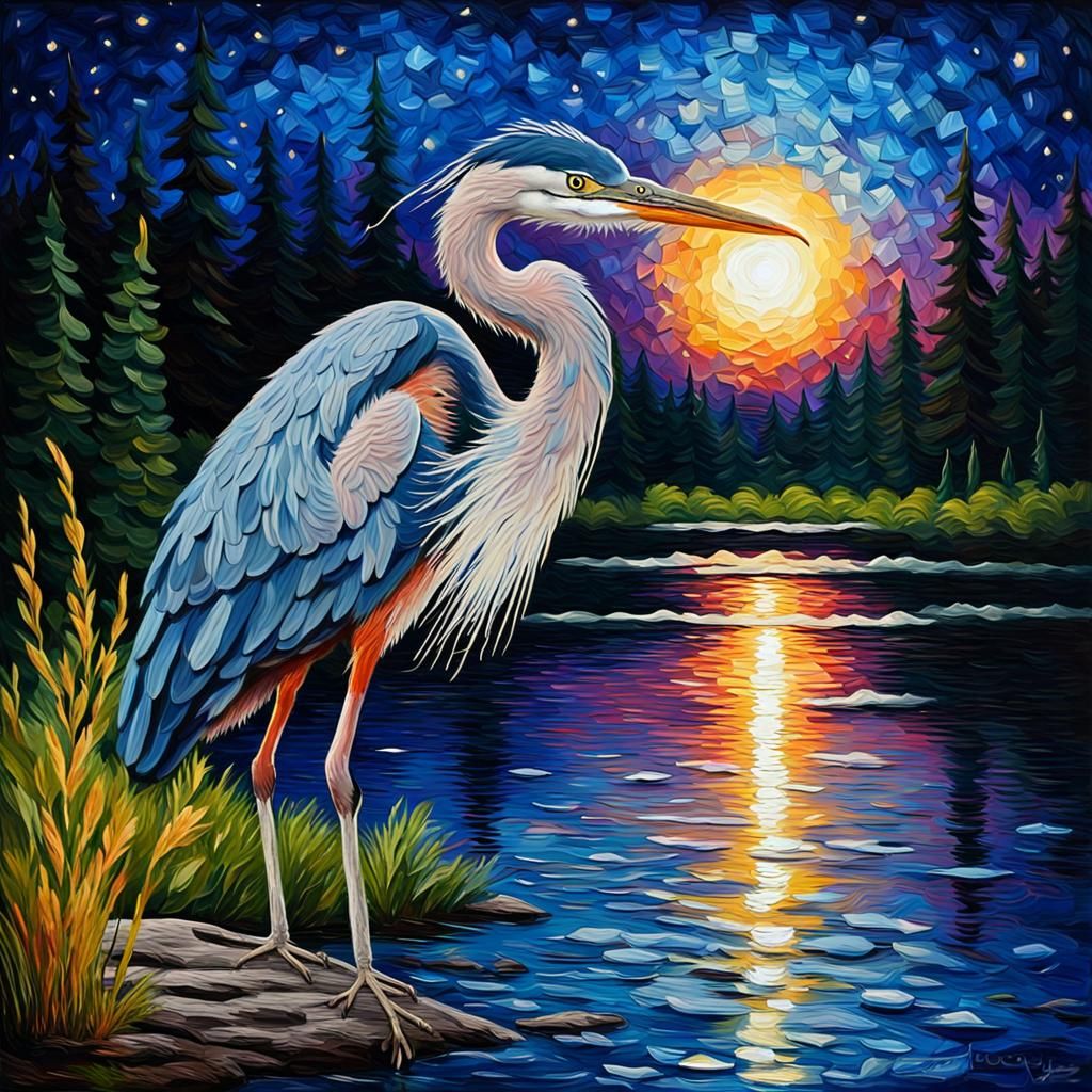 Blue Heron by Lake at Night in Impasto Style