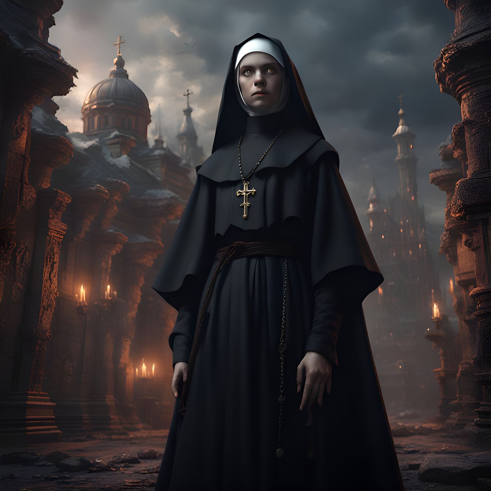 Eerie Young Nun in Black Robe: Detailed Matte Painting