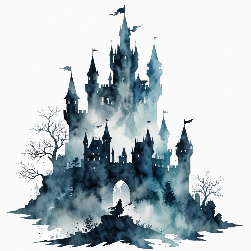 Enchanted Castle Silhouette in Whimsical Watercolor
