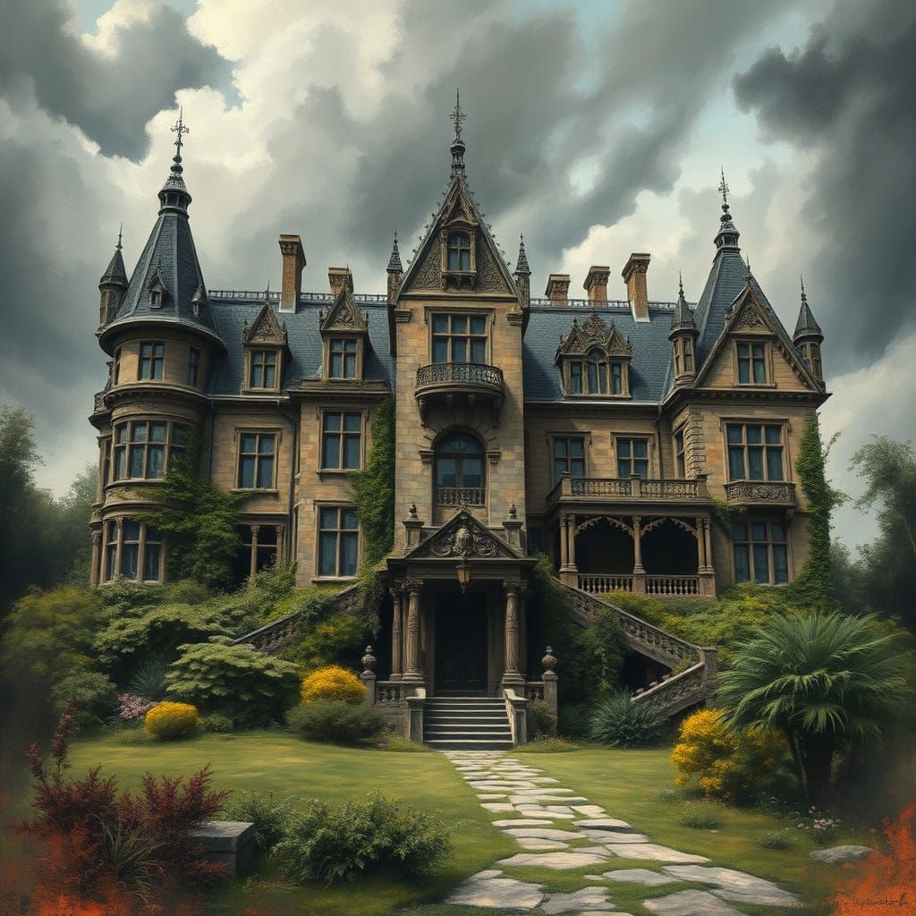 Mysterious Victorian Mansion in Impressionist Style