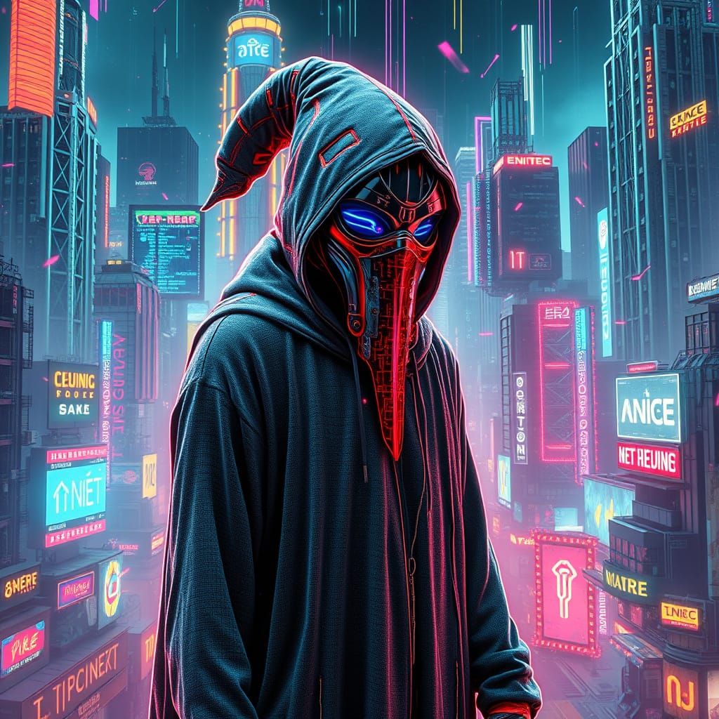 Cyberpunk Wizard Glitching in Neon Cityscape