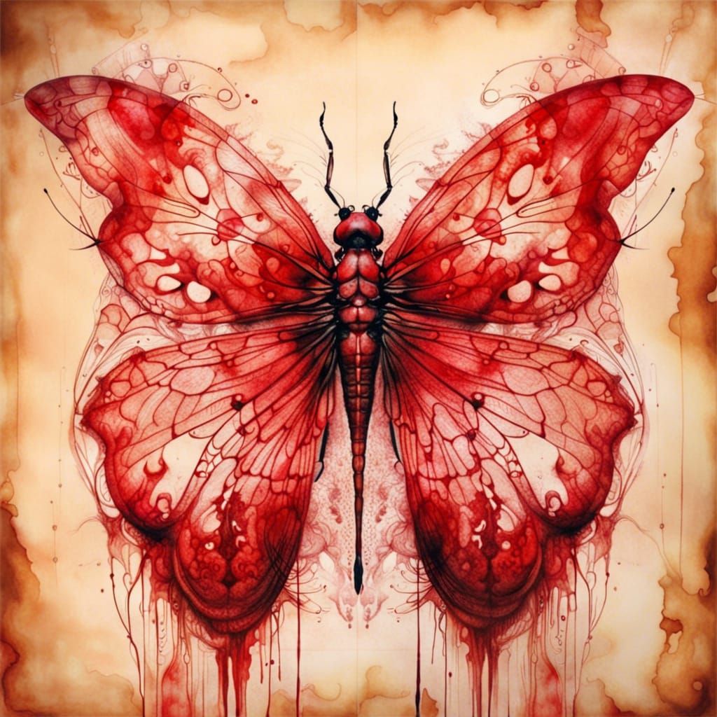 Intricate Red Ink Rorschach Test on Parchment