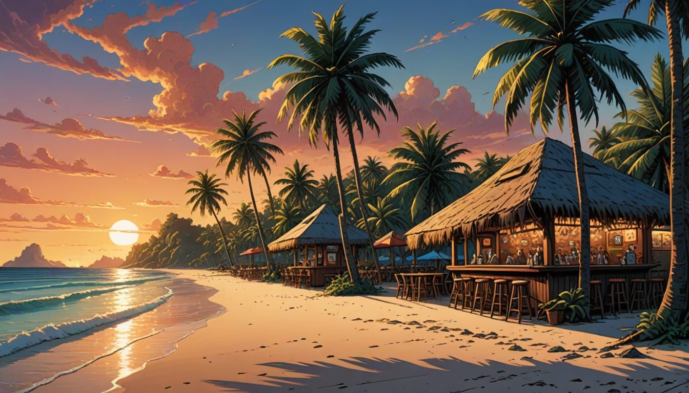 Surreal Sunset Beach Scene in Comic Book Art Style