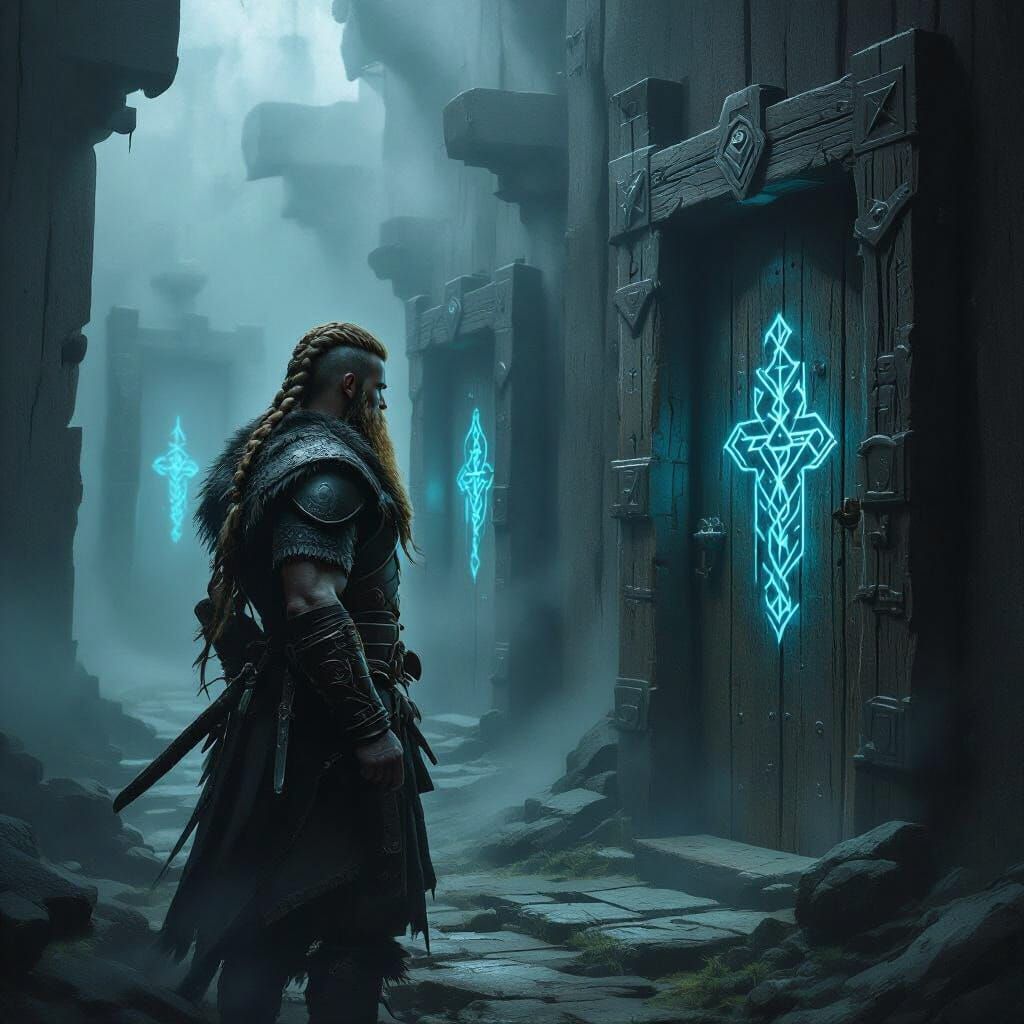 Norse Viking Navigates Mystical Maze of Glowing Rune Doors