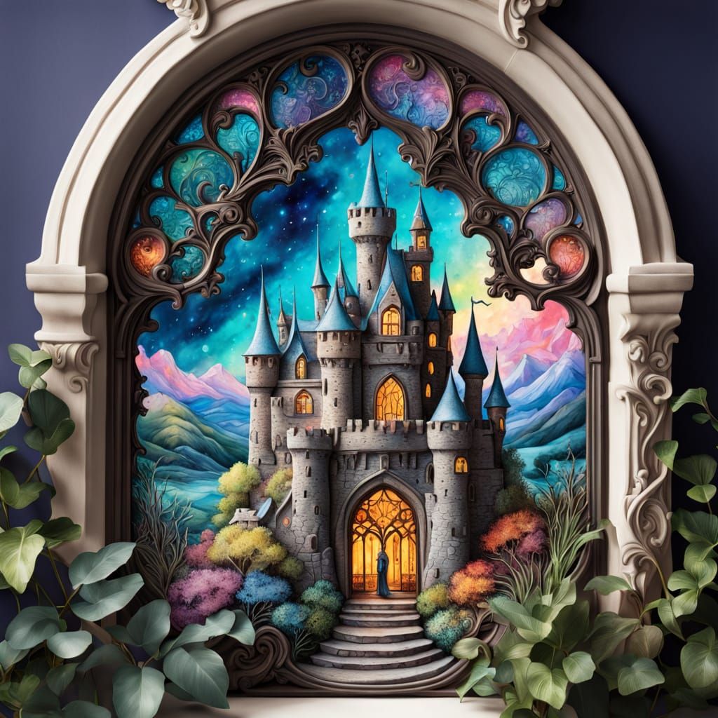 Whimsical Castle Window in Vibrant, Dreamy Alcohol Ink