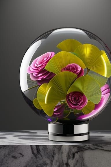 Iridescent Vase with Roses and Ginkgo Leaves